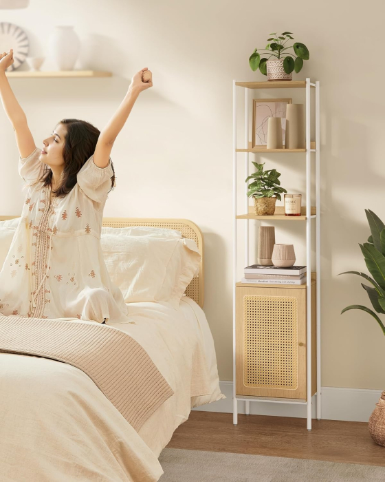 VASAGLE Biblioteca cu 6 etaje, cadru metalic, usa cu efect ratan Boho, 30x40x175 cm, alb si bej [10]