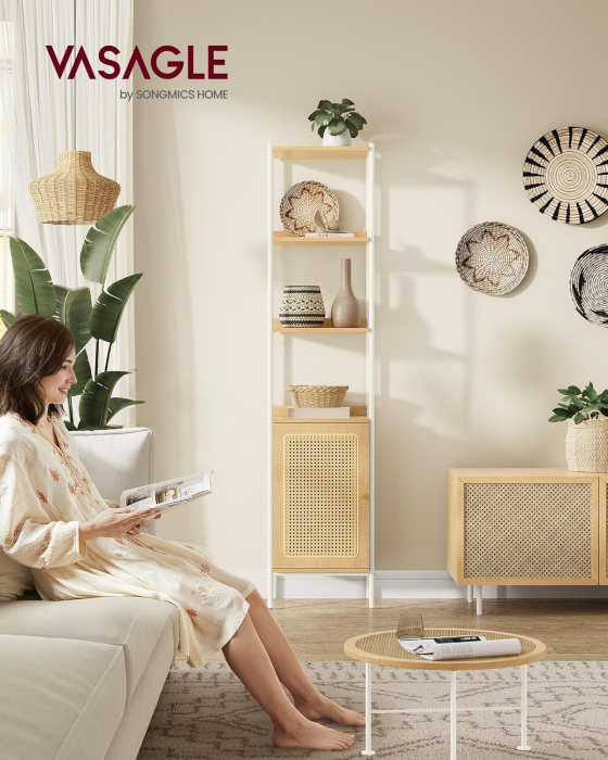 VASAGLE Biblioteca cu 6 etaje, cadru metalic, usa cu efect ratan Boho, 30x40x175 cm, alb si bej [3]