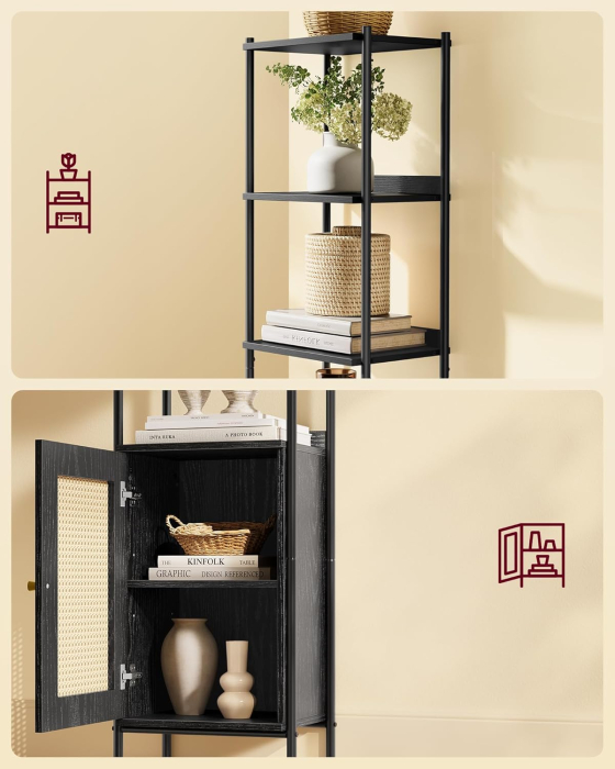 VASAGLE Biblioteca cu 6 etaje, cadru metalic, usa cu efect ratan Boho, 30x40x175 cm, negru [7]