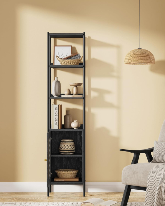 VASAGLE Biblioteca cu 6 etaje, cadru metalic, usa cu efect ratan Boho, 30x40x175 cm, negru [6]
