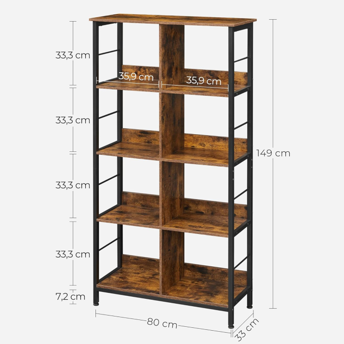 VASAGLE Biblioteca cu rafturi deschise, 8 compartimente, design industrial, 80x33x149cm, maro retro si negru [7]