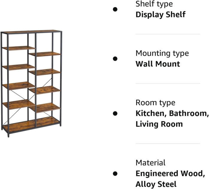 VASAGLE Biblioteca cu suport de depozitare pe 5 etaje, 30x100x170cm, stil industrial, maro rustic si negru [10]