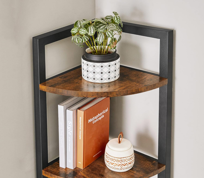 VASAGLE Biblioteca de colt cu 5 etaje, cadru metalic, 150x30x30cm, stil industrial maro rustic si negru [9]