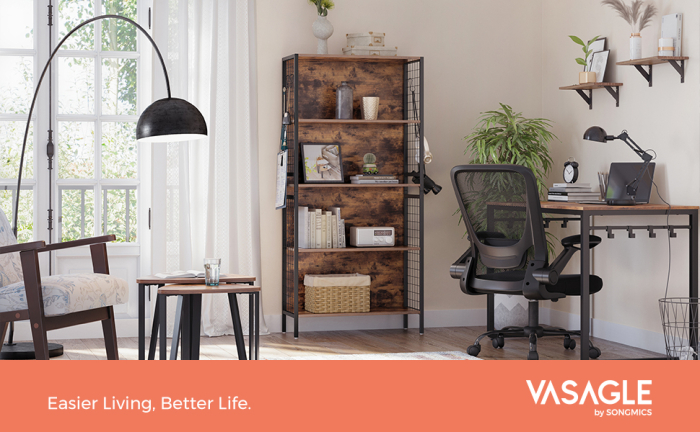 VASAGLE Biblioteca, raft cu 4 niveluri, cadru otel si polite din MDF, 74x30x155cm, maro rustic si negru [2]