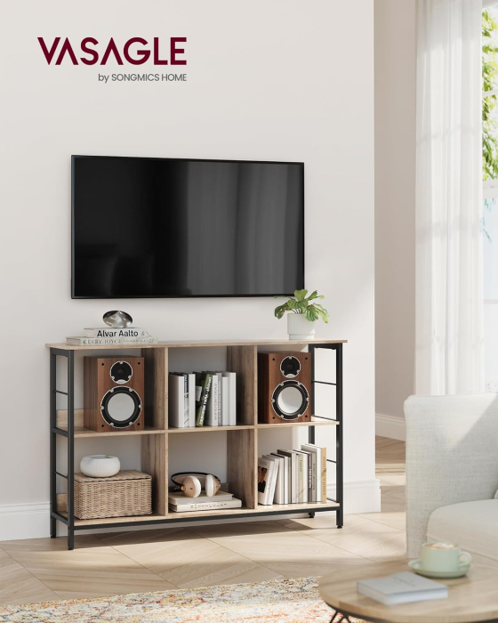 VASAGLE Biblioteca, raft cu 6 unitati de depozitare, din lemn, 33x120x80 cm, gri stejar [2]