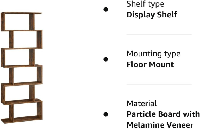 VASAGLE Biblioteca, raft cu 6 unitati de depozitare, pentru living, din lemn, 24x190x70cm, maro rustic [9]