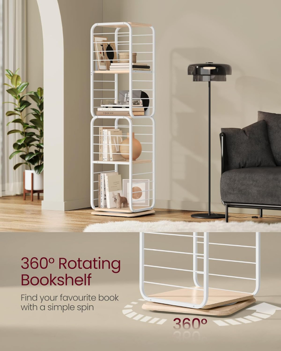 VASAGLE Biblioteca rotativa 360 grade, cadru metalic, cu 5 polite MDF, 43x43x158cm, alb [4]