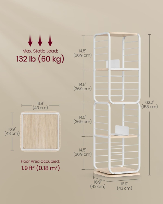 VASAGLE Biblioteca rotativa 360 grade, cadru metalic, cu 5 polite MDF, 43x43x158cm, alb [5]
