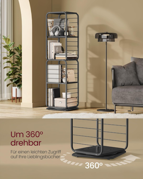 VASAGLE Biblioteca rotativa 360 grade, cadru metalic, cu 5 polite MDF, 43x43x158cm, negru [9]