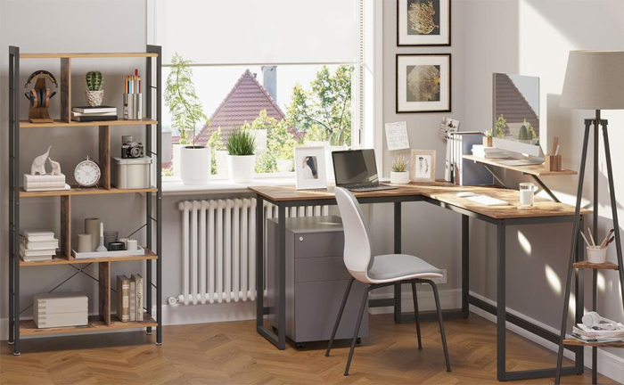 VASAGLE Birou in forma de L cu suport pentru monitor, cadru metalic, 140x130x76cm, maro rustic [10]