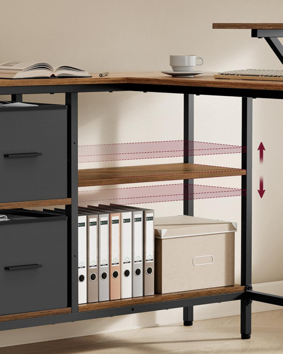 VASAGLE Birou in forma de L, suport monitor, 2 rafturi si 2 sertare, 105x135x76 cm, maro rustic [5]