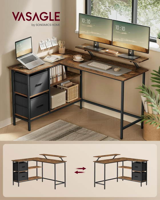 VASAGLE Birou in forma de L, suport monitor, 2 rafturi si 2 sertare, 105x135x76 cm, maro rustic [3]