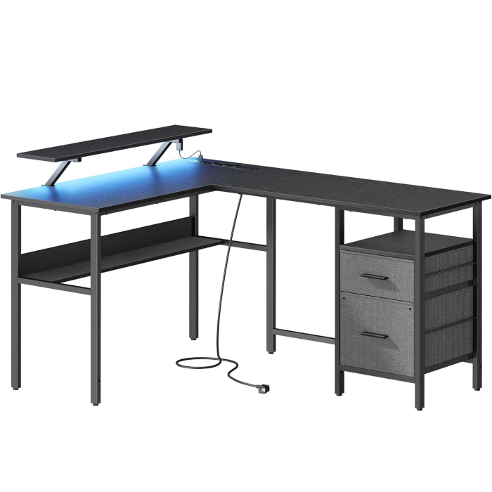 VASAGLE Birou in forma de L, suport monitor, raft si 2 sertare, 4 prize si 2 USB, 120x150x76 cm, negru [1]