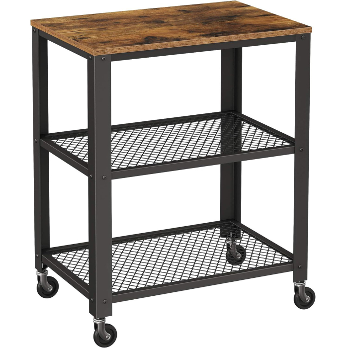 VASAGLE Carucior de servire pe roti, cu polite, pentru bucatarie, 40x60x77cm, industrial, maro rustic [1]