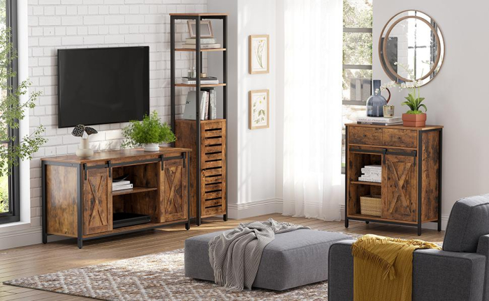 VASAGLE Comoda pentru living sau bucatarie, cu 2 sertare si usa glisanta, rafturi reglabile, stil rustic, 30x70x80cm, maro si negru [3]