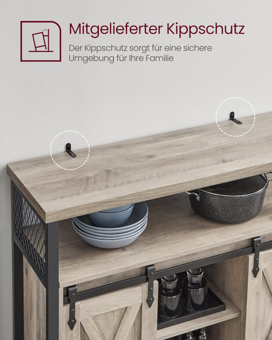 VASAGLE Comoda pentru living sau bucatarie, cu 2 usi glisante, rafturi reglabile, stil rustic, 33x100x80cm, gri [7]