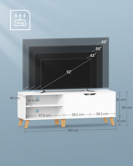 VASAGLE Comoda pentru TV de pana la 65 inch, cu 2 usi si raft reglabil, 40x140x50 cm, alb [5]