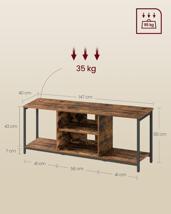 VASAGLE Comoda TV pentru televizoare pana la 65 inch, cadru metal, stil industrial, 147x40x50 cm, maro rustic [2]