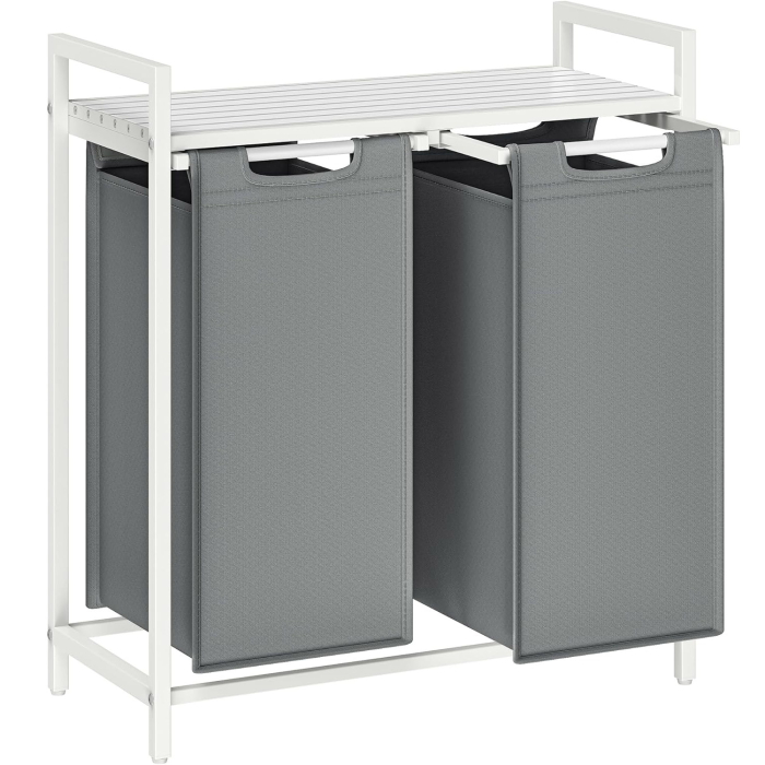 VASAGLE Cos de rufe, 2 compartimente, saci de rufe detasabili, raft, cadru metalic, 2x46L, 73x33x72 cm, alb si gri deschis [1]