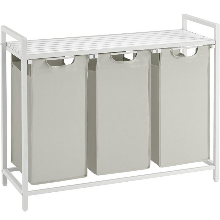 VASAGLE Cos de rufe, 3 compartimente, saci de rufe detasabili, raft, cadru metalic, 3x38L, 93x33x72 cm, alb [1]