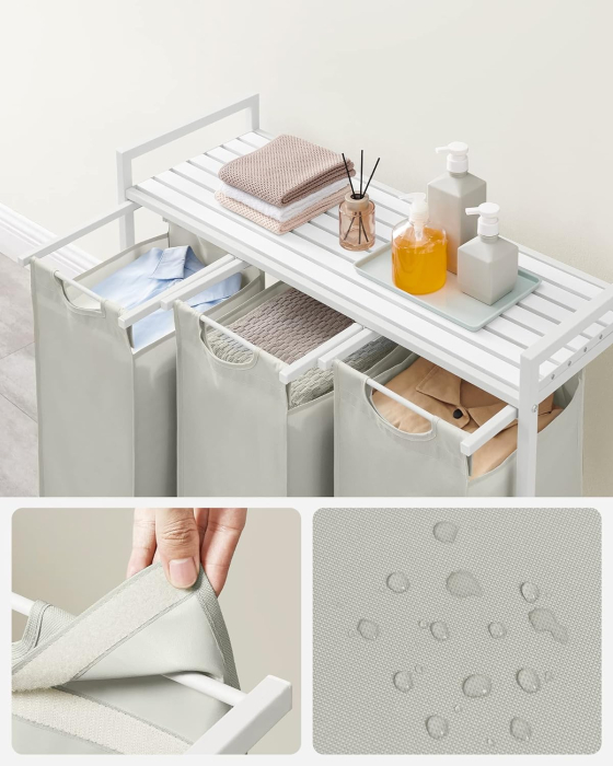 VASAGLE Cos de rufe, 3 compartimente, saci de rufe detasabili, raft, cadru metalic, 3x38L, 93x33x72 cm, alb [3]