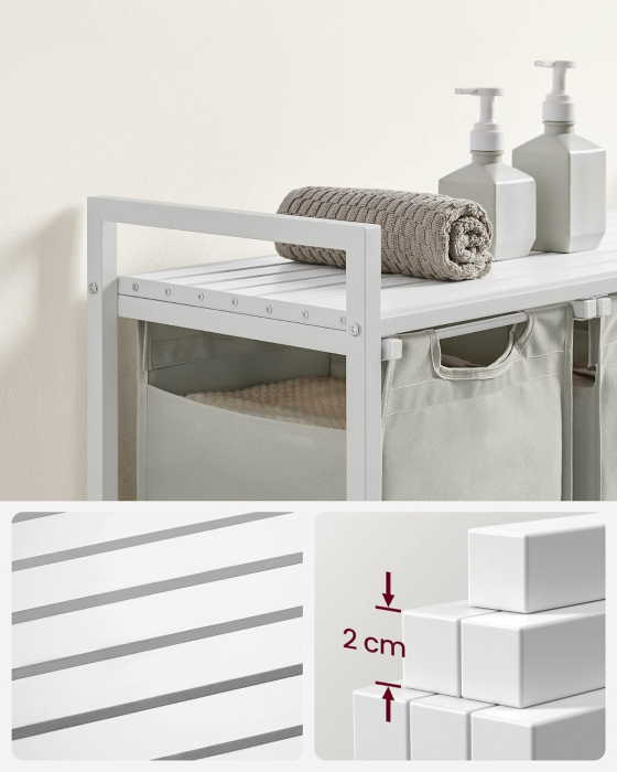 VASAGLE Cos de rufe, 3 compartimente, saci de rufe detasabili, raft, cadru metalic, 3x38L, 93x33x72 cm, alb [4]