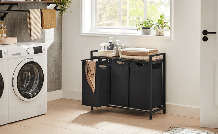 VASAGLE Cos de rufe, 3 compartimente, saci de rufe detasabili, raft, cadru metalic, 3x38L, 93x33x72 cm, maro rustic si negru [9]