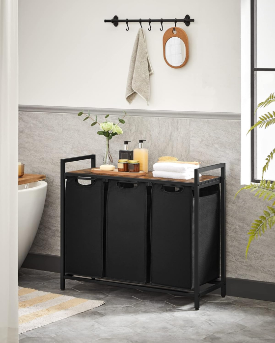 VASAGLE Cos de rufe, 3 compartimente, saci de rufe detasabili, raft, cadru metalic, 3x38L, 93x33x72 cm, maro rustic si negru [2]