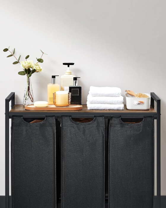 VASAGLE Cos de rufe, 3 compartimente, saci de rufe detasabili, raft, cadru metalic, 3x38L, 93x33x72 cm, maro rustic si negru [8]