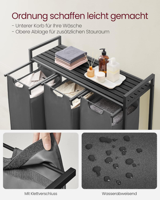 VASAGLE Cos de rufe, 3 compartimente, saci de rufe detasabili, raft, cadru metalic, 3x38L, 93x33x72 cm, negru [4]