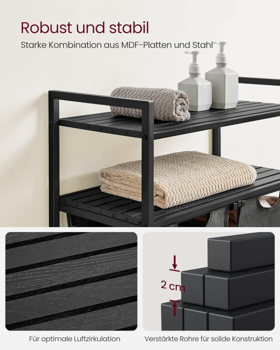 VASAGLE Cos de rufe, cu 2 saci detasabili, 2 rafturi, capacitate de 46L per sac, 73x33x92cm , negru si gri [6]