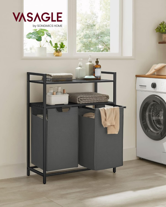 VASAGLE Cos de rufe, cu 2 saci detasabili, 2 rafturi, capacitate de 46L per sac, 73x33x92cm , negru si gri [3]