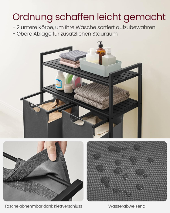 VASAGLE Cos de rufe, cu 2 saci detasabili, 2 rafturi, capacitate de 46L per sac, 73x33x92cm , negru si gri [5]