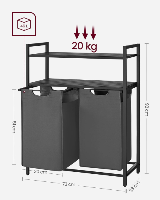 VASAGLE Cos de rufe, cu 2 saci detasabili, 2 rafturi, capacitate de 46L per sac, 73x33x92cm , negru si gri [7]