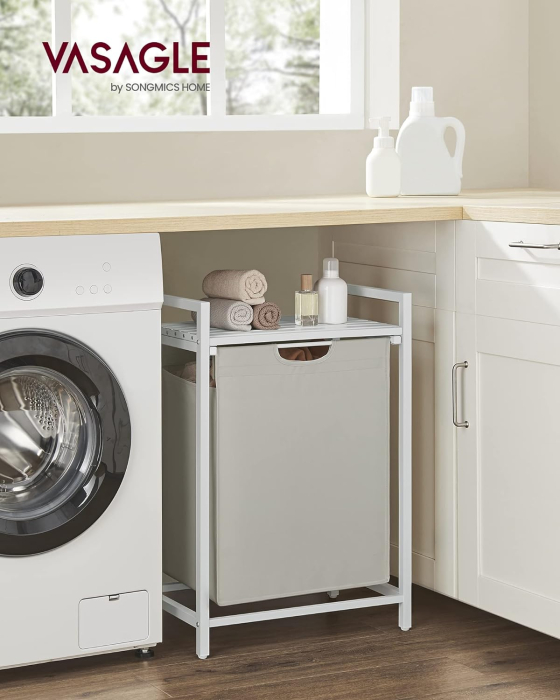 VASAGLE Cos de rufe, sac de rufe detasabil, raft, cadru metalic, 65L, 50x33x72 cm, alb [2]