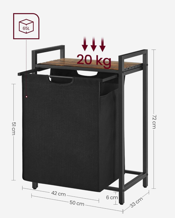 VASAGLE Cos de rufe, sac de rufe detasabil, raft, cadru metalic, 65L, 50x33x72 cm, maro rustic si negru [6]