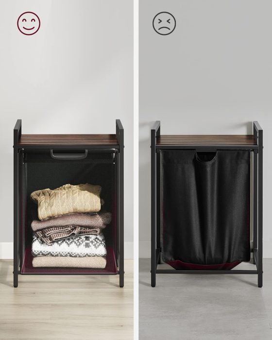 VASAGLE Cos de rufe, sac de rufe detasabil, raft, cadru metalic, 65L, 50x33x72 cm, maro rustic si negru [7]