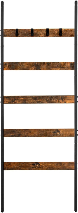VASAGLE Cuier baie tip scara inclinata, cadru din otel cu 5 nivele, agatatori detasabile, 65x178cm, maro rustic si negru [7]