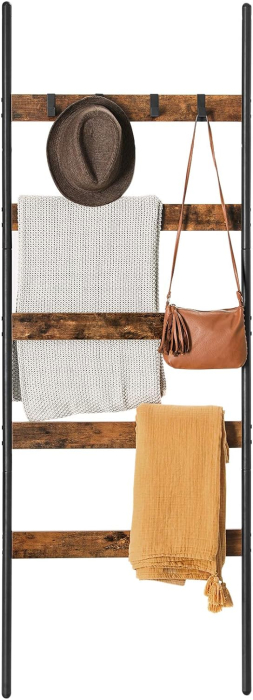 VASAGLE Cuier baie tip scara inclinata, cadru din otel cu 5 nivele, agatatori detasabile, 65x178cm, maro rustic si negru [4]