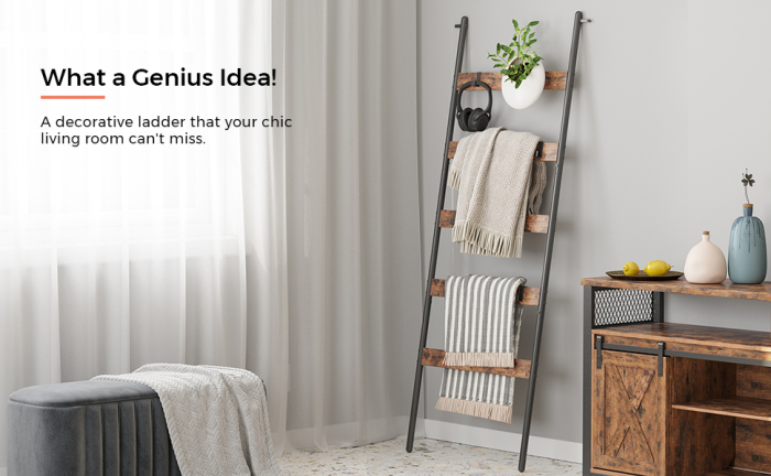 VASAGLE Cuier baie tip scara inclinata, cadru din otel cu 5 nivele, agatatori detasabile, 65x178cm, maro rustic si negru [10]