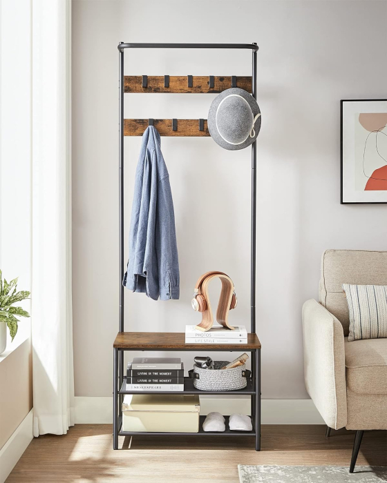 VASAGLE Cuier cu rafturi depozitare pantofi si ​​bara suspendata, industrial, 32x64x180 cm, maro rustic si negru [5]