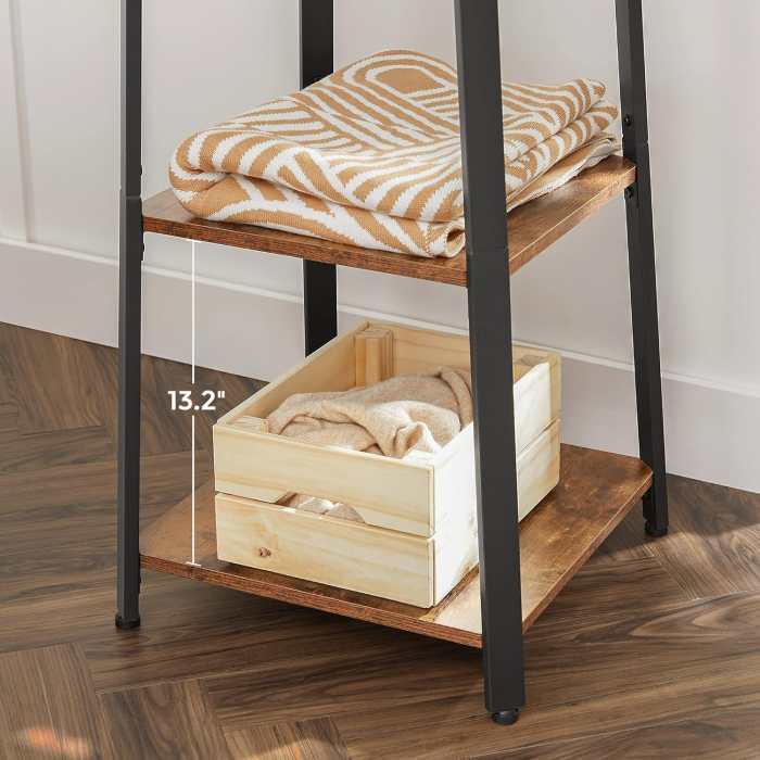 VASAGLE Cuier de haine cu 3 rafturi, suport cu carlige, din otel, 43x43x180 cm, stil industrial, maro rustic si negru [3]