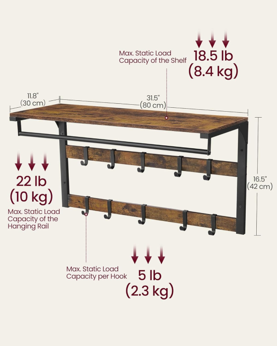 VASAGLE Cuier de perete cu raft de depozitare, 10 carlige, 30x80x42 cm, maro rustic [5]