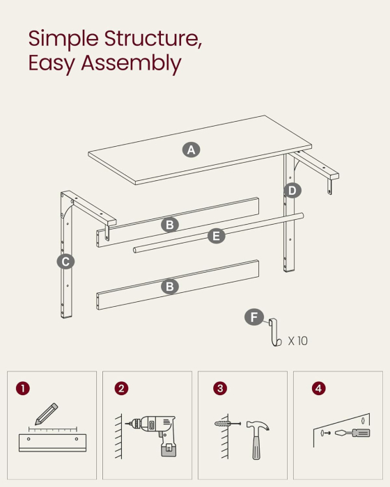 VASAGLE Cuier de perete cu raft de depozitare, 10 carlige, 30x80x42 cm, maro rustic [6]