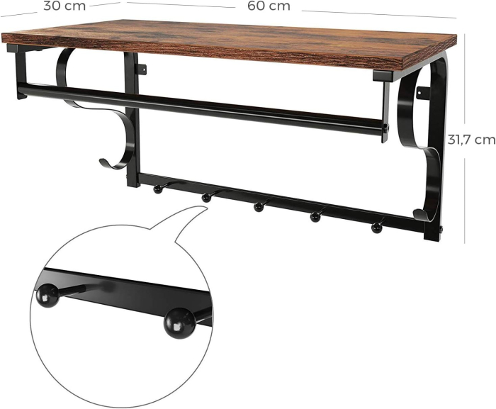 VASAGLE Cuier de perete cu raft de depozitare si sina, 5 carlige, 30x60x32 cm, maro rustic [5]