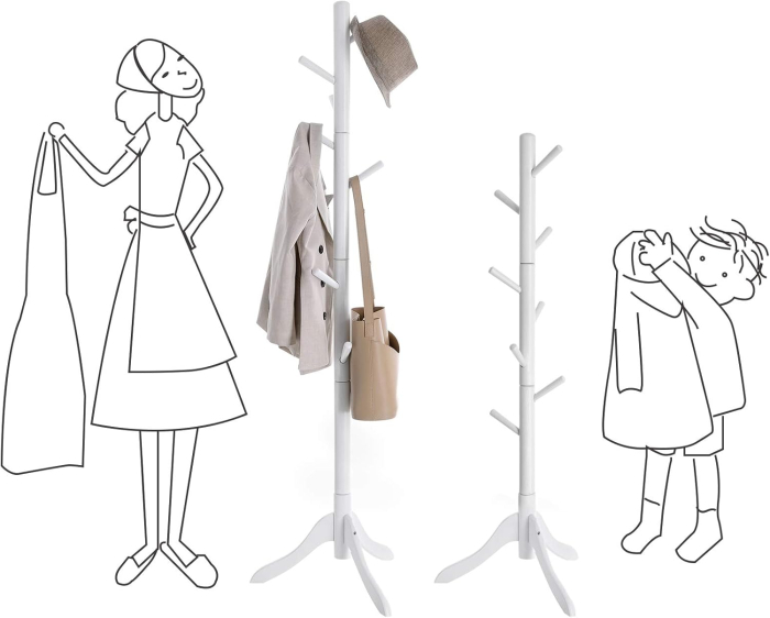 VASAGLE Cuier din lemn masiv, 8 carlige, ajustabil pe 3 inaltimi, design tip copac, 57x175 cm, alb [4]