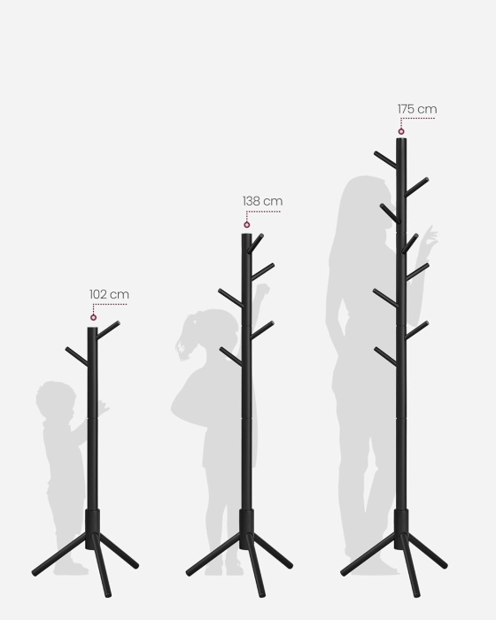 VASAGLE Cuier lemn masiv 47x47x175 cm, 8 carlige si inaltime reglabila, baza triunghiulara, negru [4]