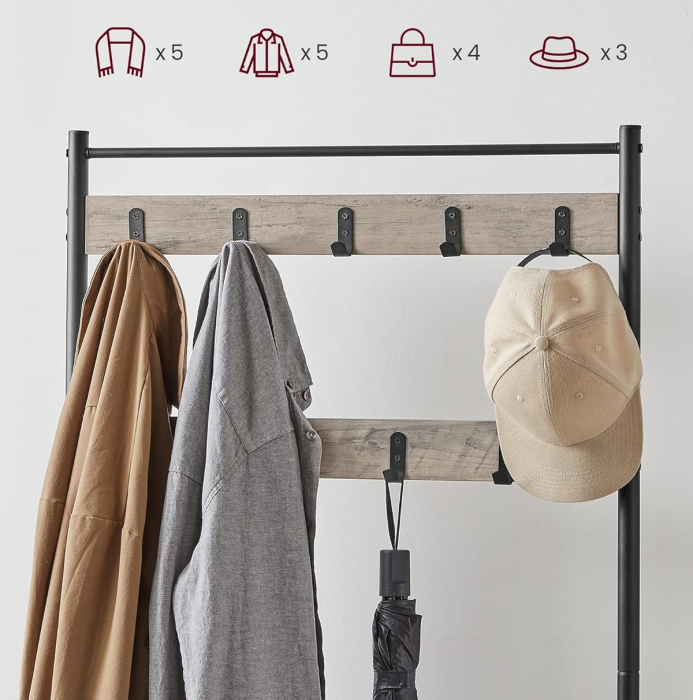 VASAGLE Cuier multifunctional 70x32x175 cm, cu 9 carlige, banca si 2 rafturi pantofi, PAL si otel, gri si negru [6]