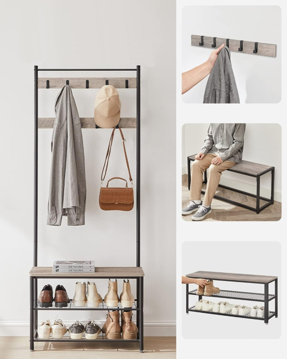 VASAGLE Cuier multifunctional 70x32x175 cm, cu 9 carlige, banca si 2 rafturi pantofi, PAL si otel, gri si negru [5]
