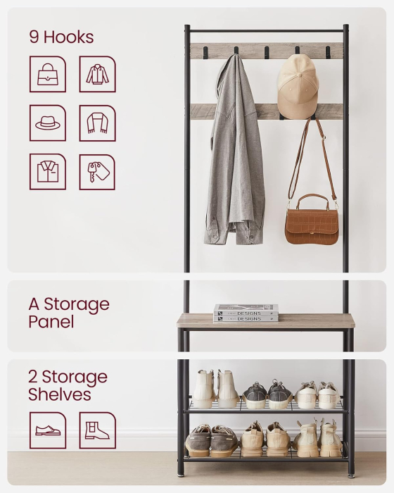 VASAGLE Cuier multifunctional 70x32x175 cm, cu 9 carlige, banca si 2 rafturi pantofi, PAL si otel, gri si negru [8]